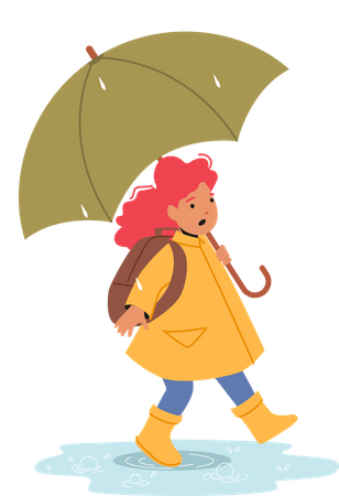 Happy Schoolgirl Walking with Umbrella Illustration