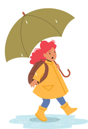 Happy Schoolgirl Walking with Umbrella Illustration