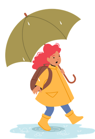 Happy Schoolgirl Walking with Umbrella  Illustration