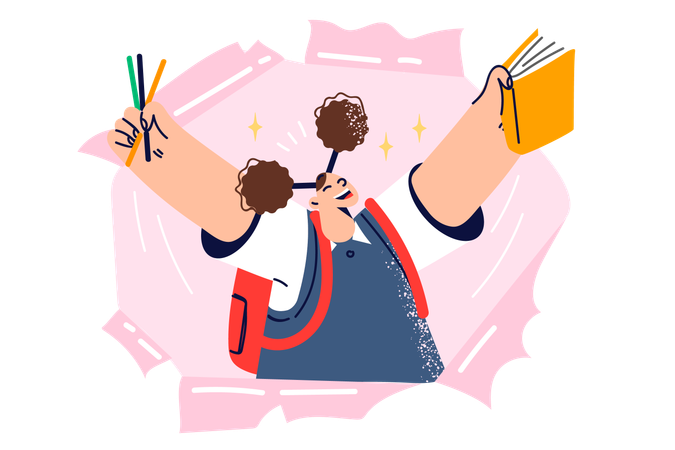 Happy schoolgirl with backpack behind back holds book and rejoices at beginning of school year  Illustration
