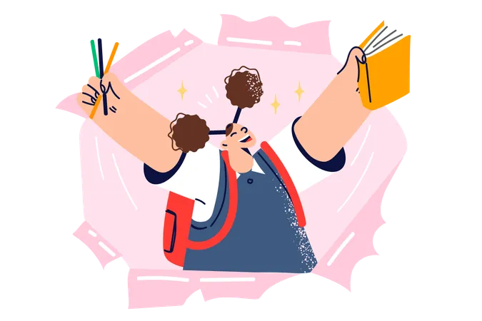Happy schoolgirl with backpack behind back holds book and rejoices at beginning of school year  Illustration