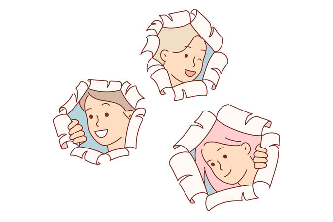 Happy schoolgirls make surprise by peeking out of holes in papers  イラスト