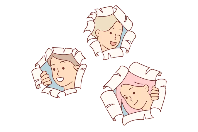 Happy schoolgirls make surprise by peeking out of holes in papers  Illustration