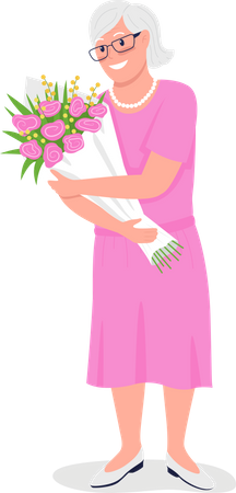 Happy senior Caucasian woman with flowers  Illustration