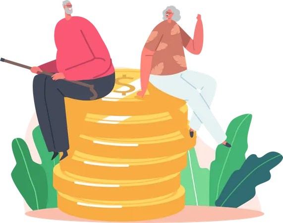 Happy Senior Characters Sitting on Huge Pile of Coins  Illustration