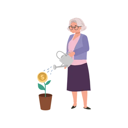 Financial Growth And Contentment Happy Senior Citizen Watering Money Plant Flt Vector Cartoon Illustration Illustration