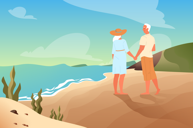 Happy senior couple on beach  Illustration