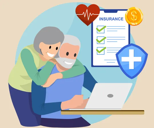 Happy senior couple select insurance protect health and life form computer  Illustration