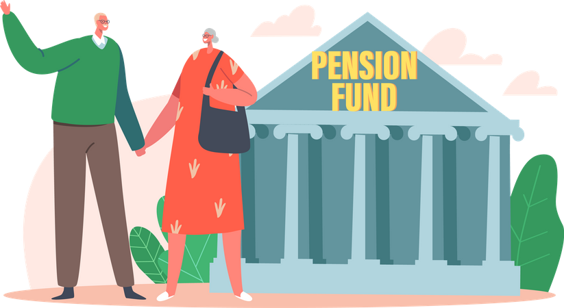 Happy Senior Couple Stand at Pension Fund Building Illustration