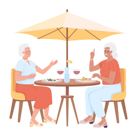 Happy senior female friends having fancy dinner  Illustration