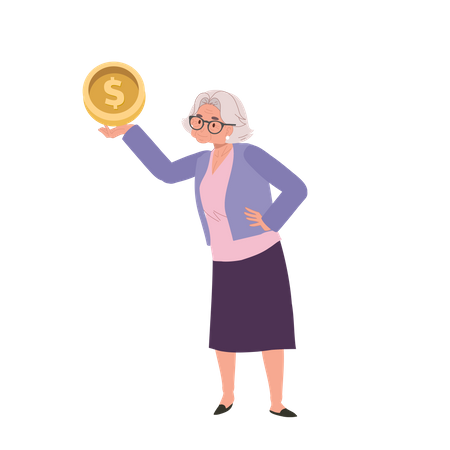 Happy Senior Lady Smiling while Holding big coin  イラスト