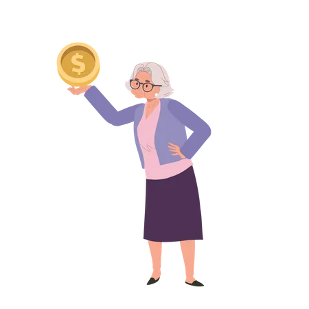 Aged Wealth Management Retirement Finance Concept Happy Senior Lady Smiling While Holding Big Coin Illustration