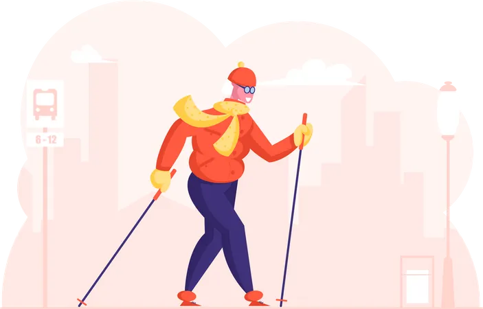 Happy Senior Lady Hiking Training On City Street Aged Woman Engage Outdoors Sport Elderly Lady Nordic Walk Open Air Workout With Sticks Pensioner Healthy Lifestyle Cartoon Flat Vector Illustration Illustration