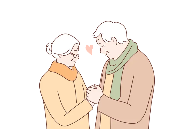 Relationship Love Couple Old Age Concept Happy Man And Woman Senior Citizens Cartoon Characters Holding Hands Together Feeling Happy Of Grandfather And Grandmother Retirement Age Illustration Illustration