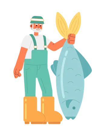 Happy Senior Man Catching Fish Semi Flat Color Vector Character Editable Full Body Fisherman On White Simple Cartoon Spot Illustration For Web Graphic Design Illustration