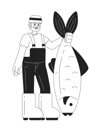 Happy Senior Man Catching Fish Monochromatic Flat Vector Character Editable Thin Line Full Body Fisherman On White Simple Bw Cartoon Spot Image For Web Graphic Design Illustration