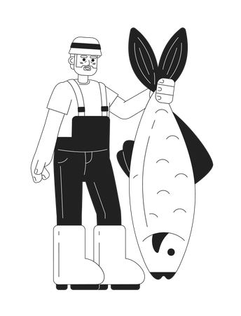 Happy senior man catching fish  Illustration