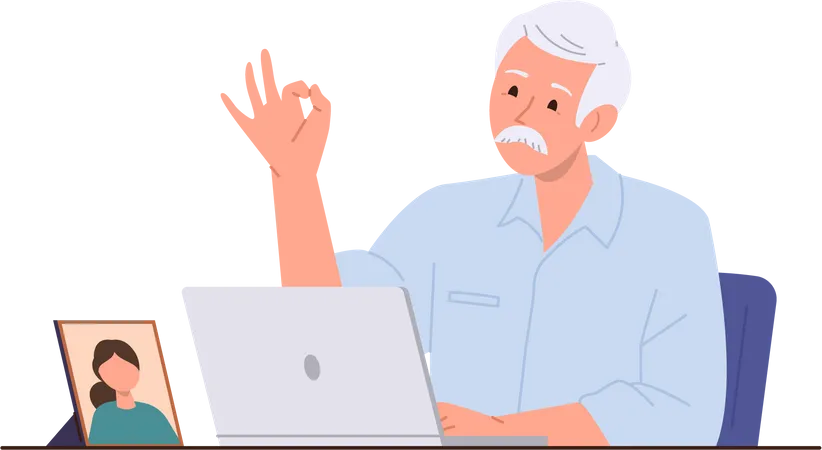 Happy senior man character using laptop computer for online communication with relatives  Illustration