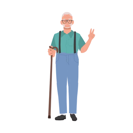 Positive Elderly Lifestyle Concept Happy Senior Man Showing Peace Sign Confident Smiling Elderly Man Illustration