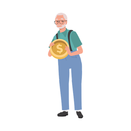 Happy Senior man Smiling while Holding big coin  Illustration