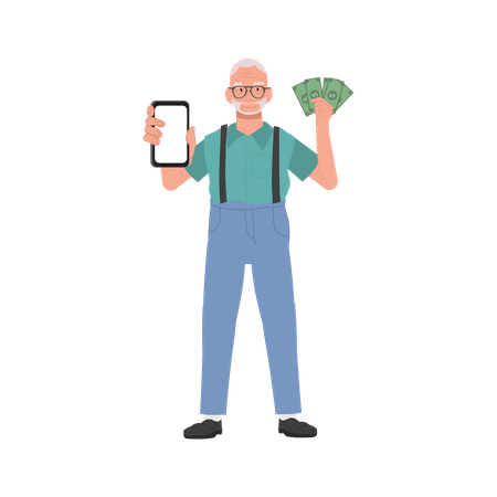 Happy Senior man Using Smartphone for Financial Transactions  イラスト