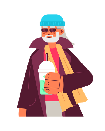 Happy senior with iced matcha green tea  Illustration