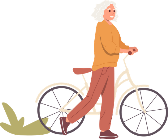 Happy senior woman enjoying outdoor cycling walking in urban city park  Illustration