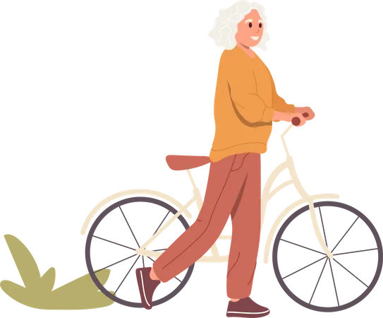 Happy senior woman enjoying outdoor cycling walking in urban city park Illustration