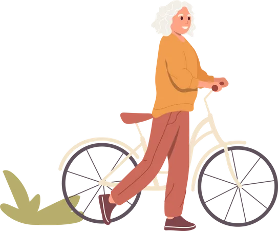 Happy senior woman enjoying outdoor cycling walking in urban city park  Illustration