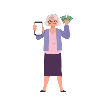 Full Length Illustration Of Happy Senior Woman Using Smartphone For Financial Transactions Illustration