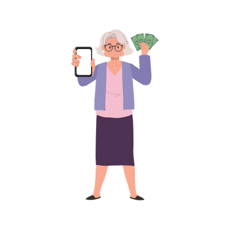 Happy Senior Woman Using Smartphone for Financial Transactions  Illustration