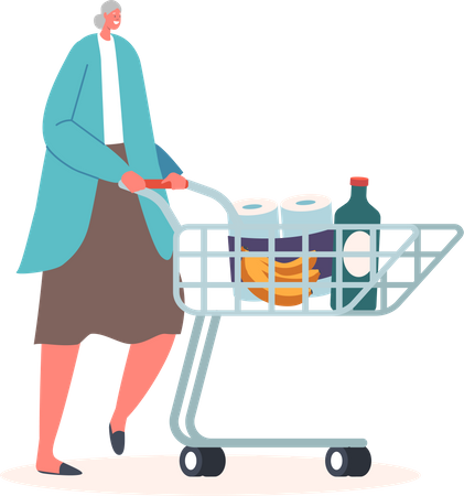 Happy Senior Woman with Shopping Cart Illustration