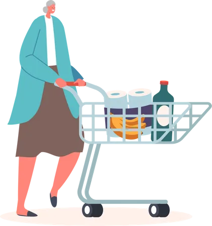 Happy Senior Woman Walk With Products In Shopping Cart Cheerful Elderly Female Character Purchase In Supermarket Or Grocery Age Buyer Shopping Routine Sale Cartoon People Vector Illustration Illustration