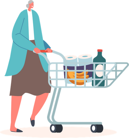 Happy Senior Woman with Shopping Cart  Illustration