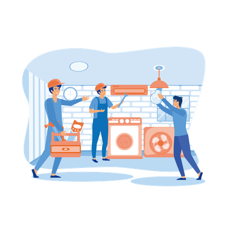 Happy servicemen repairing washing machine at home  Illustration