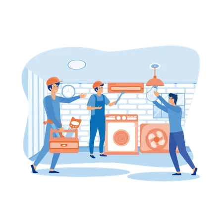 Happy servicemen repairing washing machine at home  Illustration