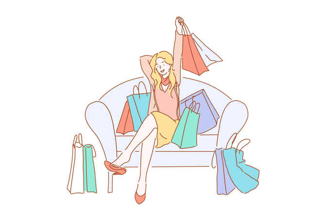 Happy shopaholic with purchases  Illustration