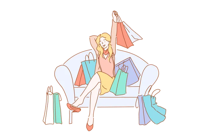 Happy Shopaholic With Purchases Consumerism Concept Young Female Buyer Cheerful Fashionista With Shopping Bags Sitting On Sofa Satisfied After Visiting Boutiques Simple Flat Vector Illustration