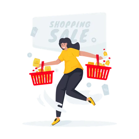 Happy Woman With Shopping Sale Illustration Design イラスト