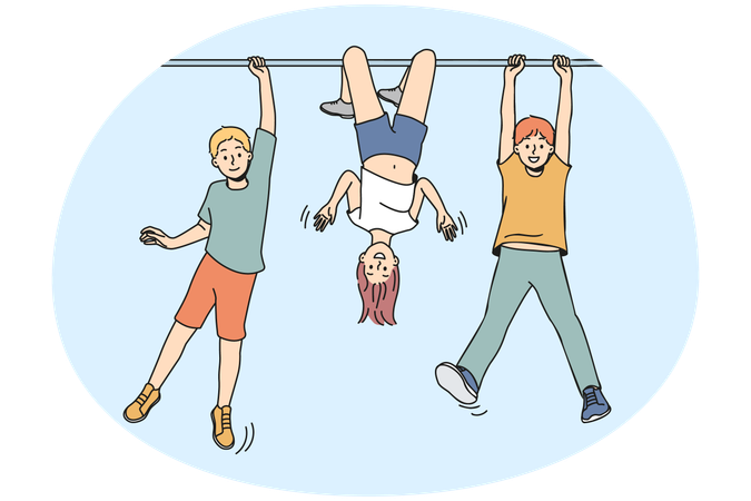 Happy small children have fun playing together outdoors  Illustration