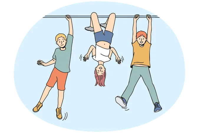 Happy small children have fun playing together outdoors  Illustration