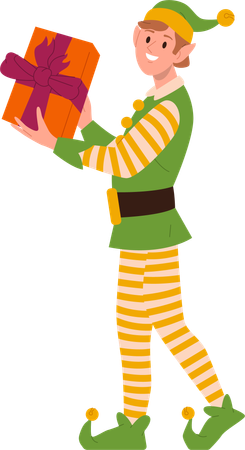 Happy smiling boy elf wearing green striped costume carrying Christmas gift box  일러스트레이션