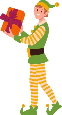 Happy smiling boy elf wearing green striped costume carrying Christmas gift box  일러스트레이션