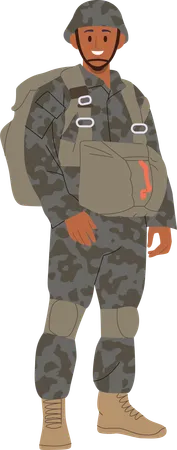 Happy smiling brave infantryman military soldier wearing camouflage uniform  Illustration
