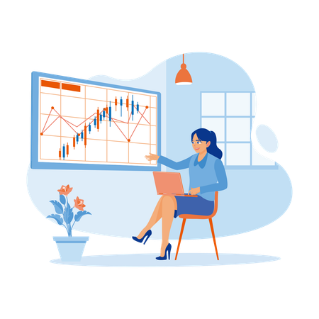 Happy Smiling Businesswoman Doing Market Analysis  Illustration