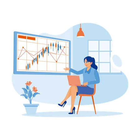 Happy Smiling Businesswoman Doing Market Analysis  Illustration