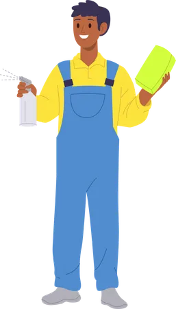 Happy smiling carwash worker holding sponge and detergent in hands ready to work  Illustration