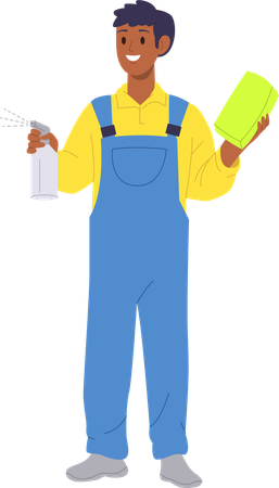 Happy smiling carwash worker holding sponge and detergent in hands ready to work  Illustration