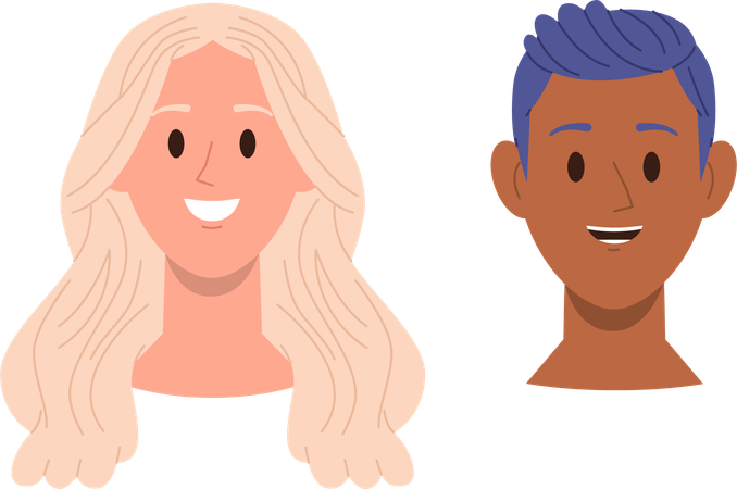 Happy smiling face of man and woman with healthy hair  Illustration
