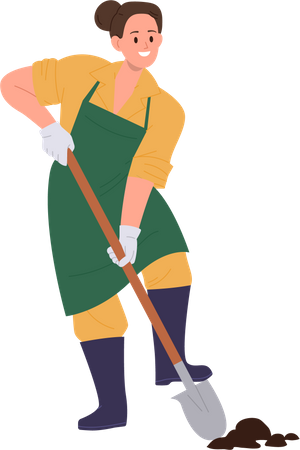 Happy smiling female gardener or farmer digging soil with shovel  Illustration